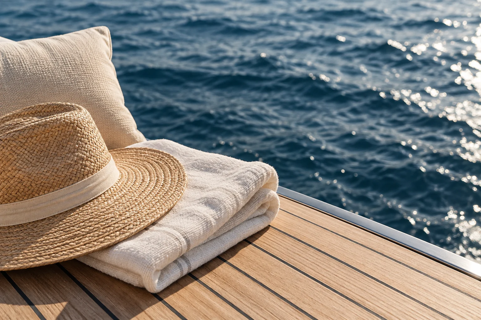 Illustrative deck scene beside open water